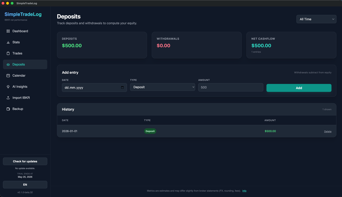 Deposits and withdrawals tracking with transaction history