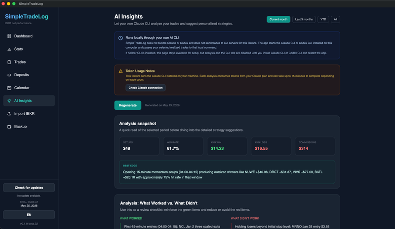 SimpleTradeLog AI Insights analyzing trading performance with local CLI tools